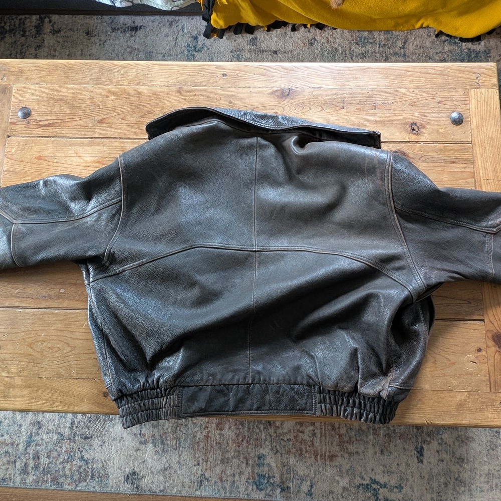 Vintage Dark Brown Leather Bomber Jacket